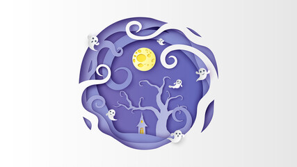 Cute baby ghost spirit with friends fly out of abandoned house in mystical forest on night Halloween. Graphic design for Halloween. paper cut and craft style. vector, illustration.