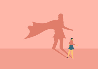 Fototapeta na wymiar Vector of a businesswoman with superhero shadow. Symbol of ambition motivation leadership and challenge.