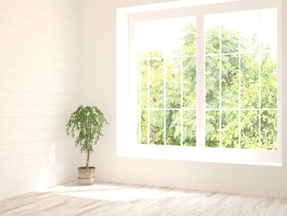 Stylish empty room in white color with summer landscape in window. Scandinavian interior design. 3D illustration