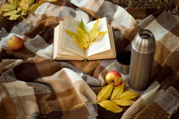 still life with leaves. autumn still life. An autumn picnic. A book, a thermos, red apples and yellow leaves lie on a brown plaid. Autumn location.