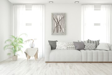 White living room with sofa. Scandinavian interior design. 3D illustration