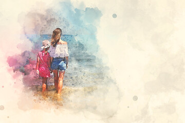 Digital watercolor image. Back rear view mother and little daughter holding hands standing in sea water looking into horizon, copy space for text. Family travel and summer vacation concept..