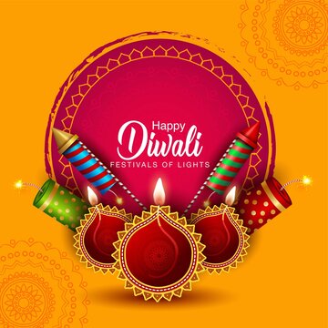  Happy Diwali celebration background. Top view of banner design decorated with fire crackers on yellow background. vector illustration