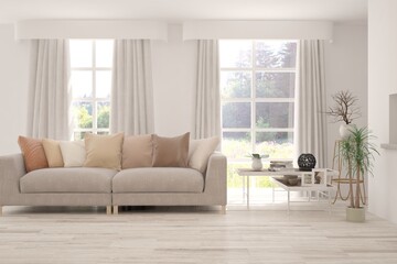 White living room with sofa and winter landscape in window. Scandinavian interior design. 3D illustration