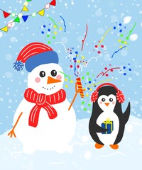 New Year / Christmas illustration with snowman and penguin, cute card