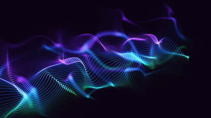 Abstract wavy background illustration. Colourful glowing line particles with beautiful bokeh. Digital 3d creative design concept