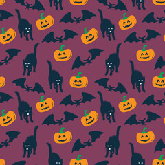 Halloween Pattern, Seamless Pattern with Pumpkins, Bats and Cats on Dark Blue, Halloween Background Repeat, Surface Pattern Halloween party, October Holiday Decorations Vector