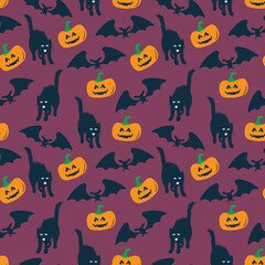Halloween Pattern, Seamless Pattern with Pumpkins, Bats and Cats on Dark Blue, Halloween Background Repeat, Surface Pattern Halloween party, October Holiday Decorations Vector