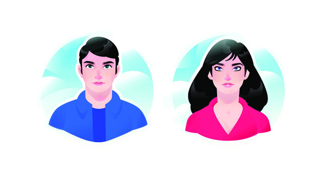 Illustration of a girl and a guy avatars. Vector. Couple of man and woman. Two portraits of businessmen for advertising and design. Vivid images of anime style. Avatracks for website and print. Toilet