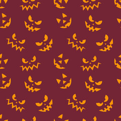 Seamless pattern with cute little cartoon ghosts. White ghosts on orange background. Halloween illustration. Pattern for paper, textile, game, web design.