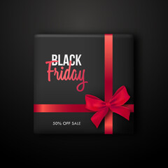 Black gift box with red ribbon for Black Friday Sale. Concept template for promo banners, flyers, brochures. Stock vector illustration.