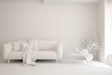 White minimalist living room with sofa. Scandinavian interior design. 3D illustration