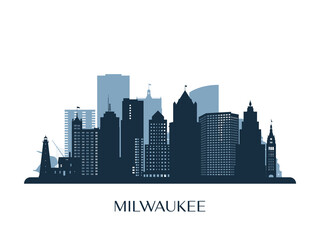 Milwaukee skyline, monochrome silhouette. Vector illustration. - obrazy, fototapety, plakaty