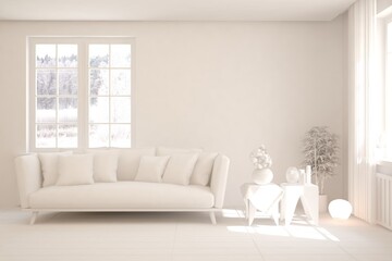 White living room with sofa and winter landscape in window. Scandinavian interior design. 3D illustration