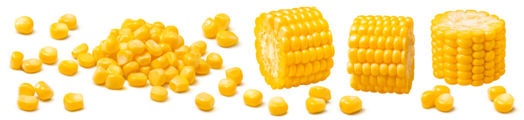 Corn set isolated on white background. Kernels and sliced cobs