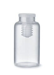Empty clear glass medical pills bottle
