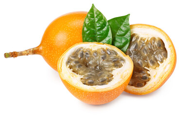 Granadilla or yellow passion fruit with green leaves isolated on white background. exotic fruit. full depth of field
