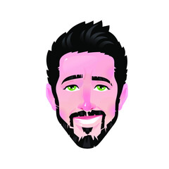 The emotion of a young man. Vector. Cartoon contented bearded man. Illustration of a head for advertising and chat. Confident man avatar. The image is isolated on a white background.