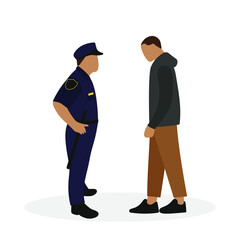 Policeman in uniform and male character together on white background