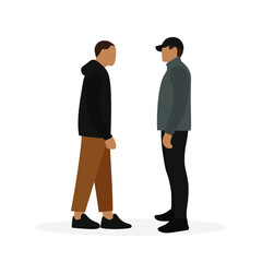 Two male characters look at each other on a white background