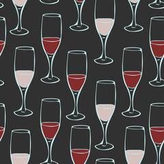Vector seamless with wineglasses on a dark background. Design concept for winery of restaurant. Wallpaper or menu design.