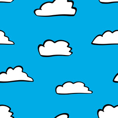Vector illustration of a group of white clouds isolated on a blue background. Seamless pattern