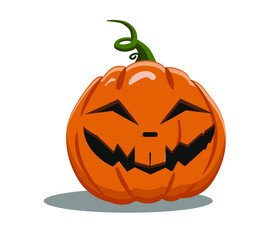 Vector illustration of a pumpkin on a white background. The main symbol of the happy Halloween holiday. Orange cute pumpkin with a smile for your greeting card and sticker design.