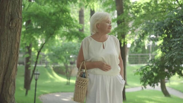 Relaxed senior Caucasian woman strolling in sunny park on summer day. Portrait of carefree female retiree walking outdoors passing old grey-haired man sitting on bench and reading book.