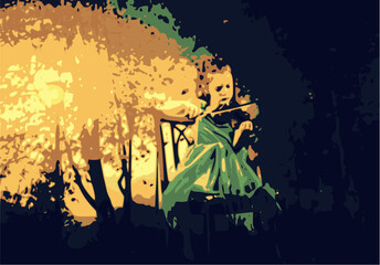 une petite fille qui joue du violon dans un bois, abstrait vectoriel. - 387208556
