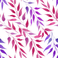 seamless pattern hand draw watercolor leaves, illusration, sketch, green color, blue color, purple color herbal ornament
