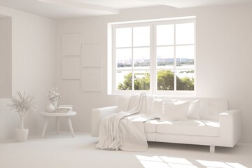 White living room with sofa and summer landscape in window. Scandinavian interior design. 3D illustration