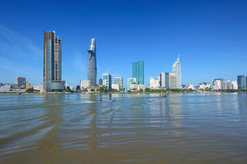 View of Hochiminh city from the banks of the Saigon River. Ho Chi Minh City, Vietnam.