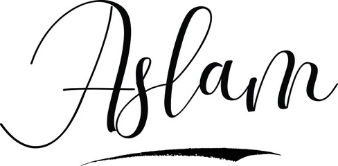 Aslam -Male Name Cursive Calligraphy on White Background