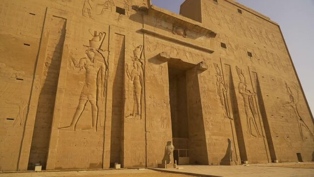 Panoramic of the pharaohs from the entrance to the Edfu Temple. Egypt. River Nile in the city of Edfu near Aswan, Greco-Roman construction, dedicated to Horus