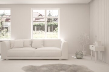 White living room with sofa and summer landscape in window. Scandinavian interior design. 3D illustration