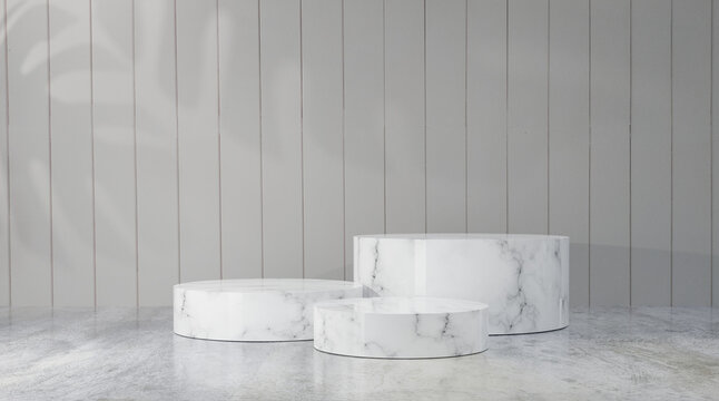 White marble circle shape podium luxurious style, concept scene stage showcase Platforms for product presentation, wood background,composition, Design, copy space, promotion sale, 3d rendering