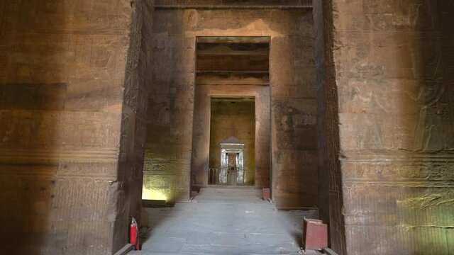 Inside the walls reaching the sacred boat of the Edfu Temple. Egypt. River Nile in the city of Edfu near Aswan, Greco-Roman construction, dedicated to Horus