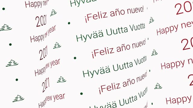 Happy new year 2021 video, moving pattern words at white background as intro or background. Looping video for celebration in english, Finnish and spanish