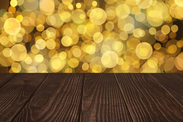 Wooden brown board and boke in the background. Mockup for product demonstration.