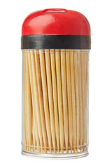 Wooden toothpicks in a box on a white background. Close up