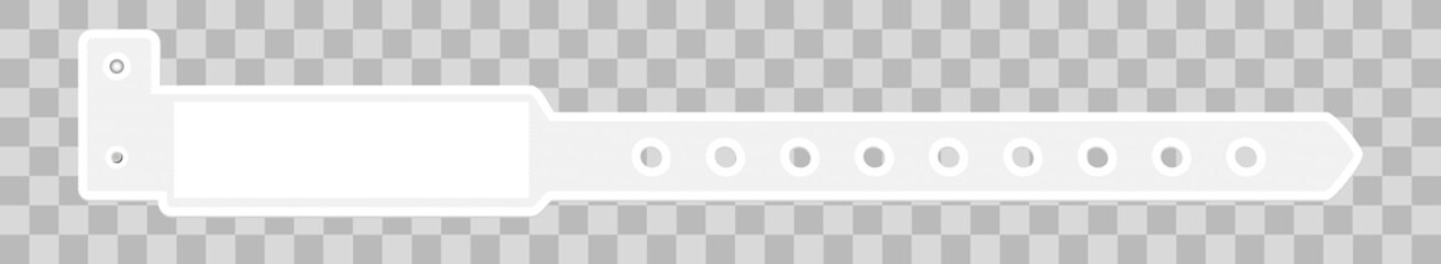 Vector plastic white empty template of bracelet or wristband for a hospital, medical center, party event festival. L shape bracelet with safety lock and place for text or logo isolated on transparent.