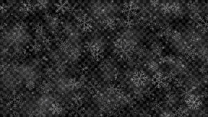 Christmas illustration of snowflakes of different shapes, sizes and transparency in white colors on transparent background