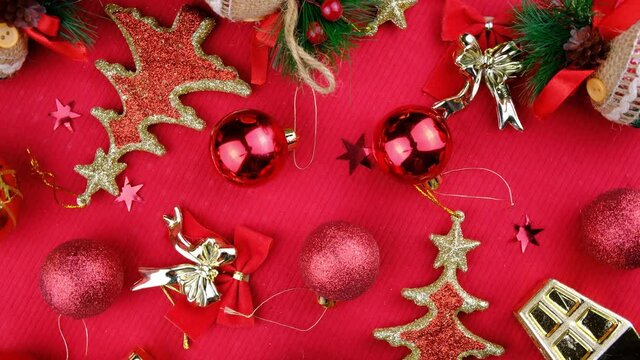 Christmas. Christmas tree 360 rotate loop red background. New year ornaments decoration.