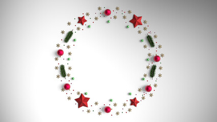 Creative Christmas layout (Christmas composition)  made of decoration, gifts and winter elements. Holiday season concept. Gifts, fir tree branches, red decorations on white background. 3d render