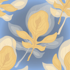 yellow autumn leaf on the blue gradient seamless pattern