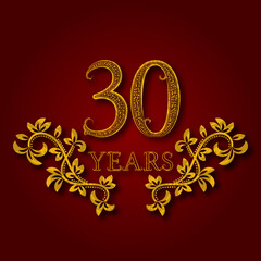 Thirty years anniversary celebration patterned logotype. Thirtieth anniversary vintage golden logo with shadow.