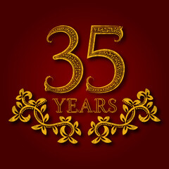 Thirty five years anniversary celebration patterned logotype. Thirty fifth anniversary vintage golden logo with shadow.
