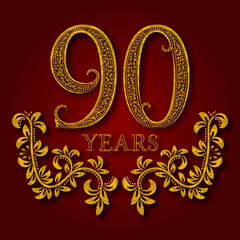 Ninety years anniversary celebration patterned logotype. Ninetieth anniversary vintage golden logo with shadow.