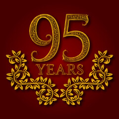 Ninety five years anniversary celebration patterned logotype. Ninety fifth anniversary vintage golden logo with shadow.