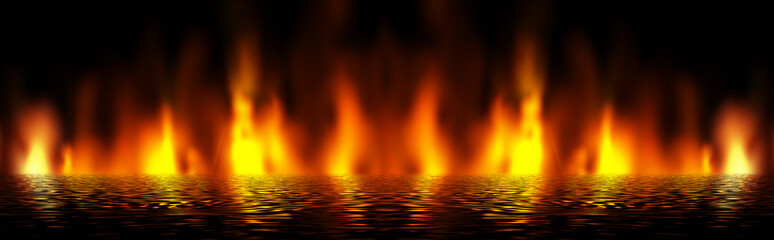 Fire on a black background, smoke, reflection of fire in the water.